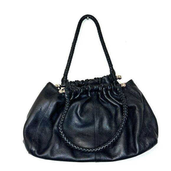 Elliott Lucca Pebbled Leather Braided Strap Shoulder Bag Black Size 15"x 9" - Picture 3 of 6